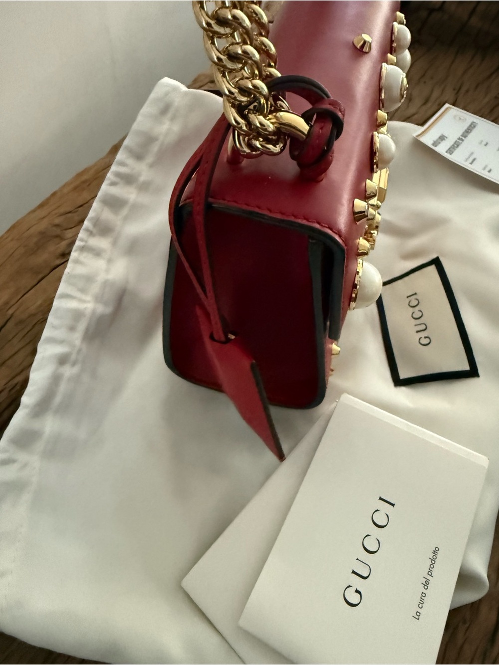 Gucci Red Leather padlock Pearl-Embellished Chain Crossbody Bag, dust bag,COA - Picture 10 of 15